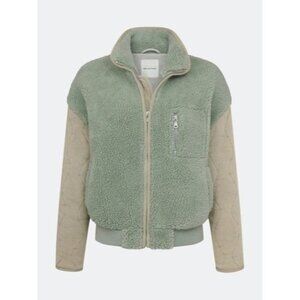 NWOT AVEC LES FILLES Mixed Media Teddy Zip-front Jacket In Green S
